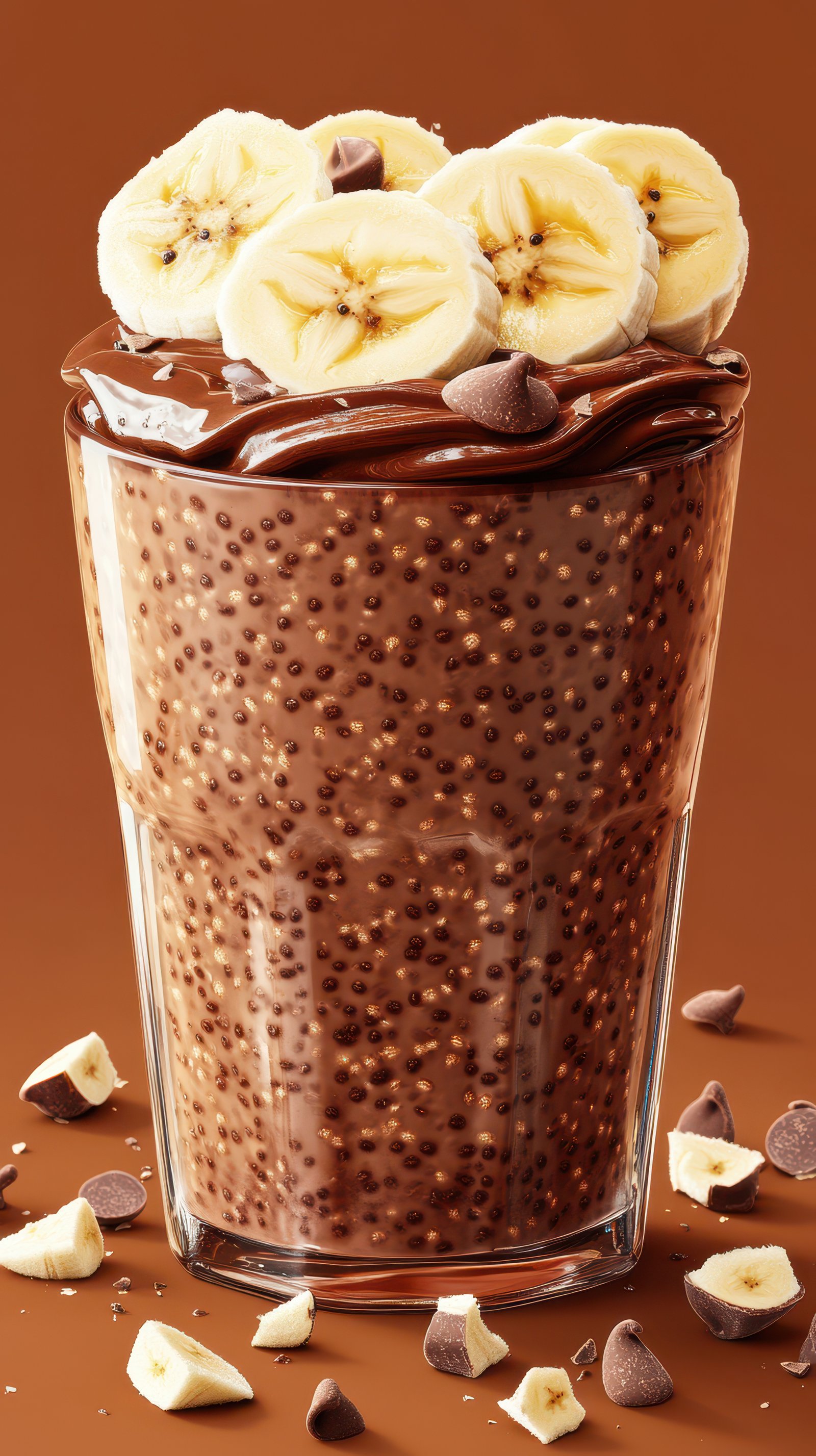 Creamy chocolate banana smoothie with rich toppings served in a transparent glass on a warm background